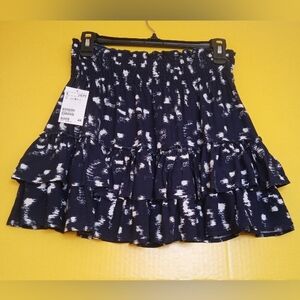 H&M Blue Ruffle Skater Mini  Skirt with White Abstract Boho Pattern Sz 8 NWT